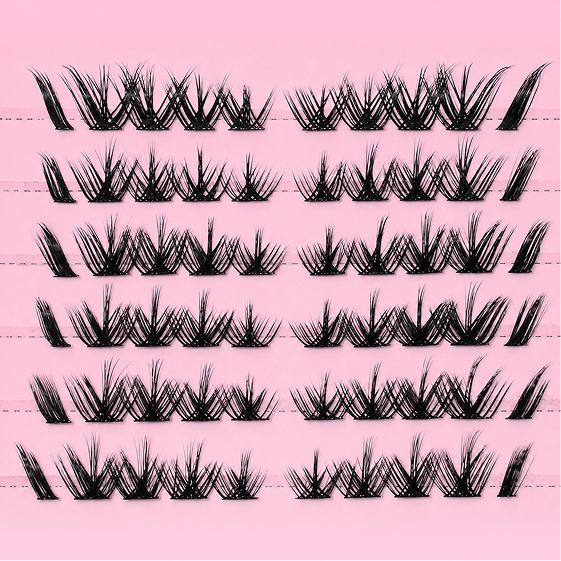 Multiple rows of black false eyelash clusters arranged on a solid pink background.