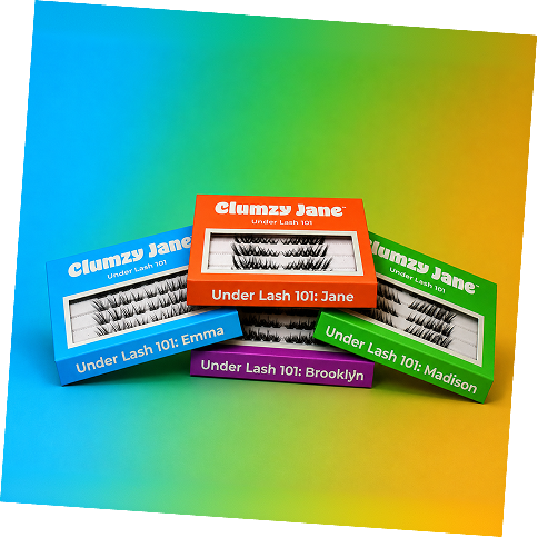 Four boxed pairs of false under lash clusters arranged on a bright blue-to-yellow gradient background.