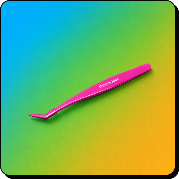 A pair of bright pink metal tweezers with the name 'Clemence Jane' printed in white on the handle, set against a vibrant green-to-yellow gradient background.