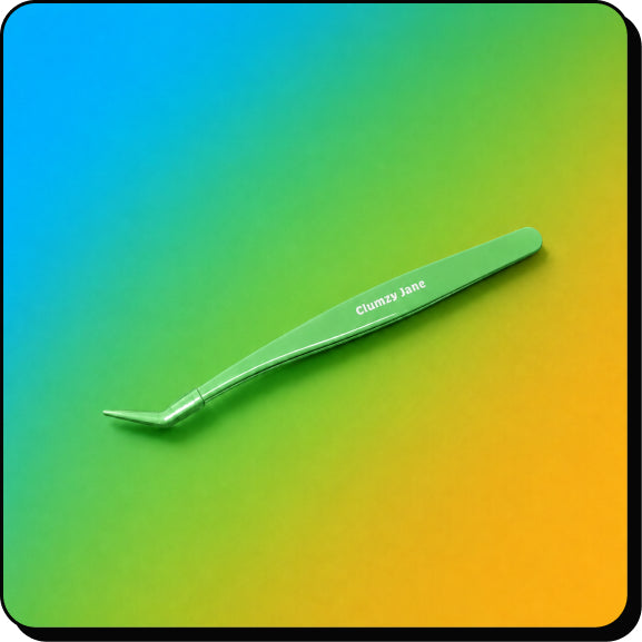 A single pair of green tweezers with the engraved text 'Clumsy Jane' on the handle, set against a vibrant green-to-yellow gradient background.